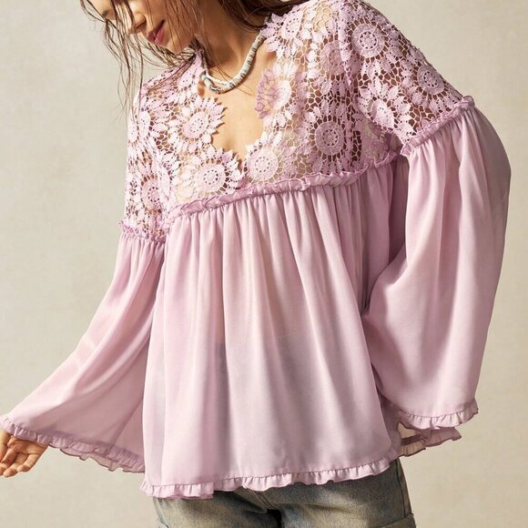 Pink Bohemian Women's V-Neck Loose Long Sleeve Blouse - Picture 5 of 7